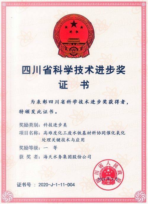四川省科学手艺前进奖-项目名称高难度化工废水铁基质料协同催化氧化处置惩罚要害手艺与应用一等获奖者尊龙凯时